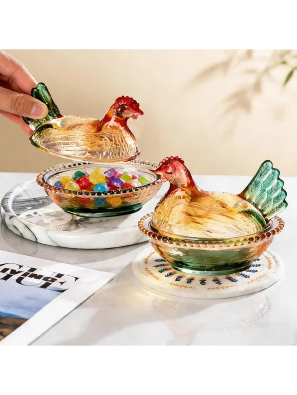 Vintage Crystal Chicken Candy Dish with Lid | Colorful Snack Bowl & Placemats